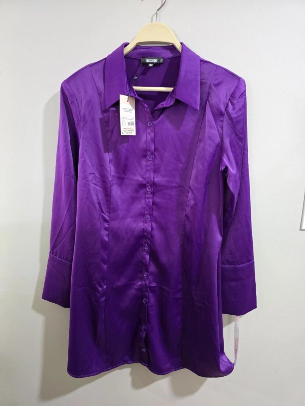 NWT Missguided Purple Satin Shirt Dress Deep Cuff Women's 8 Holiday Party